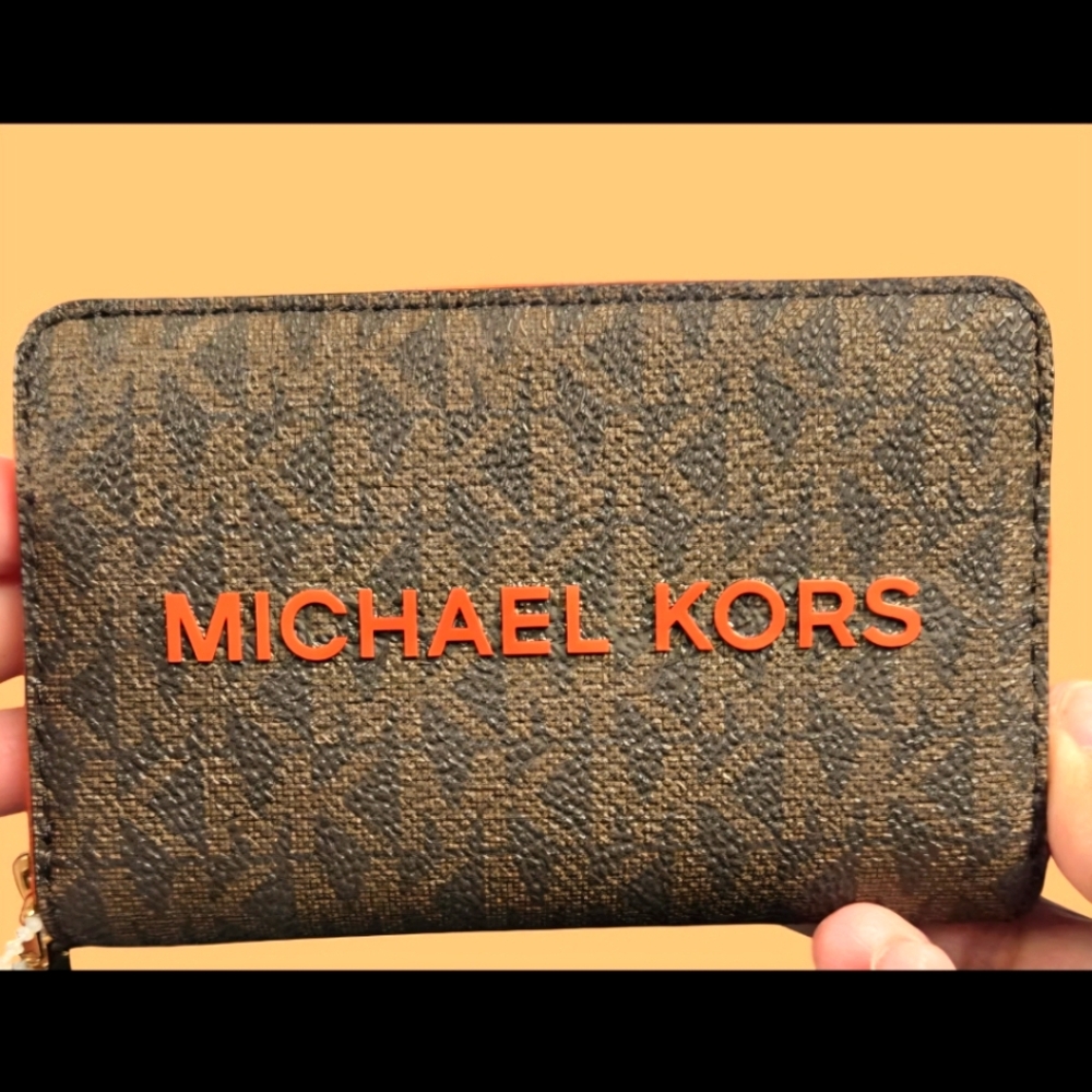 Michael Kors Textured Brown Wallet with Orange Logo NWT